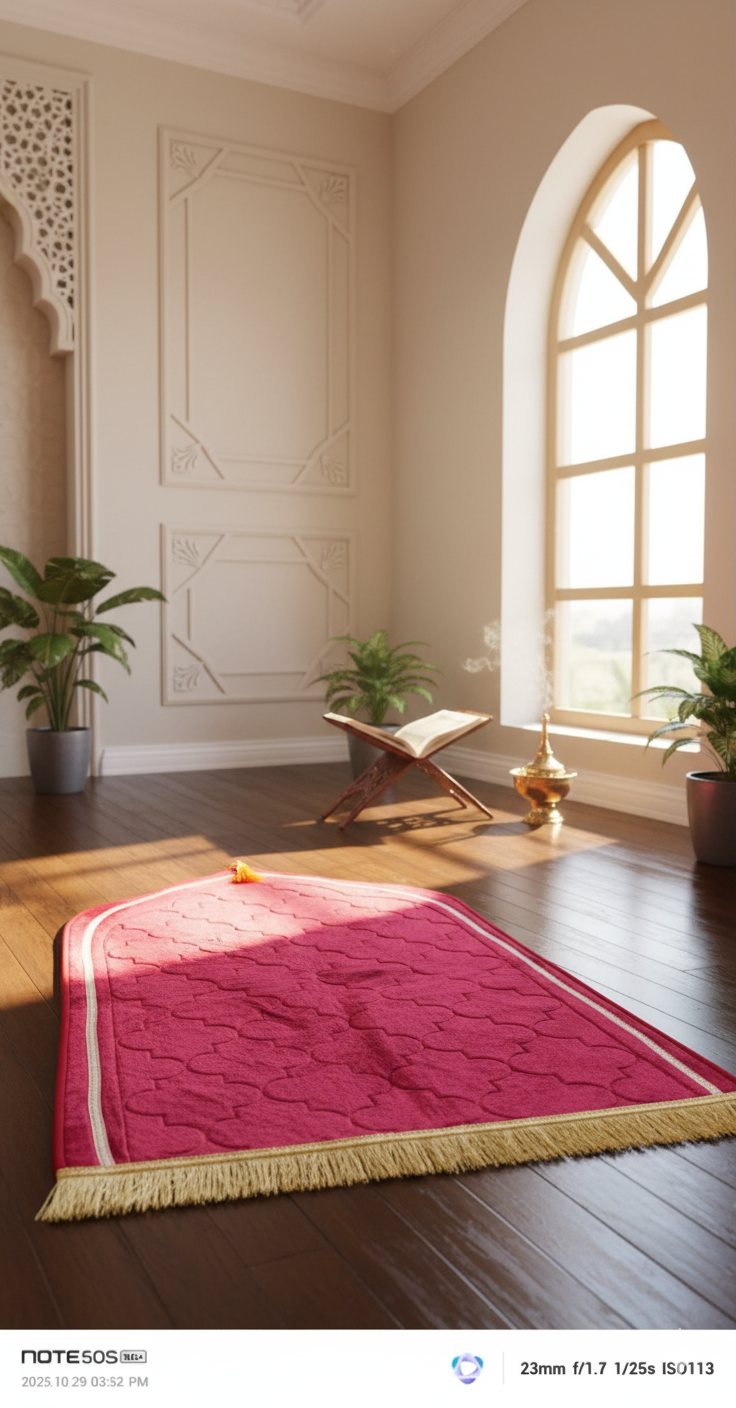 AL WAHIDI Islamic Framed Prayer Mat – Red Velvet Arch Design