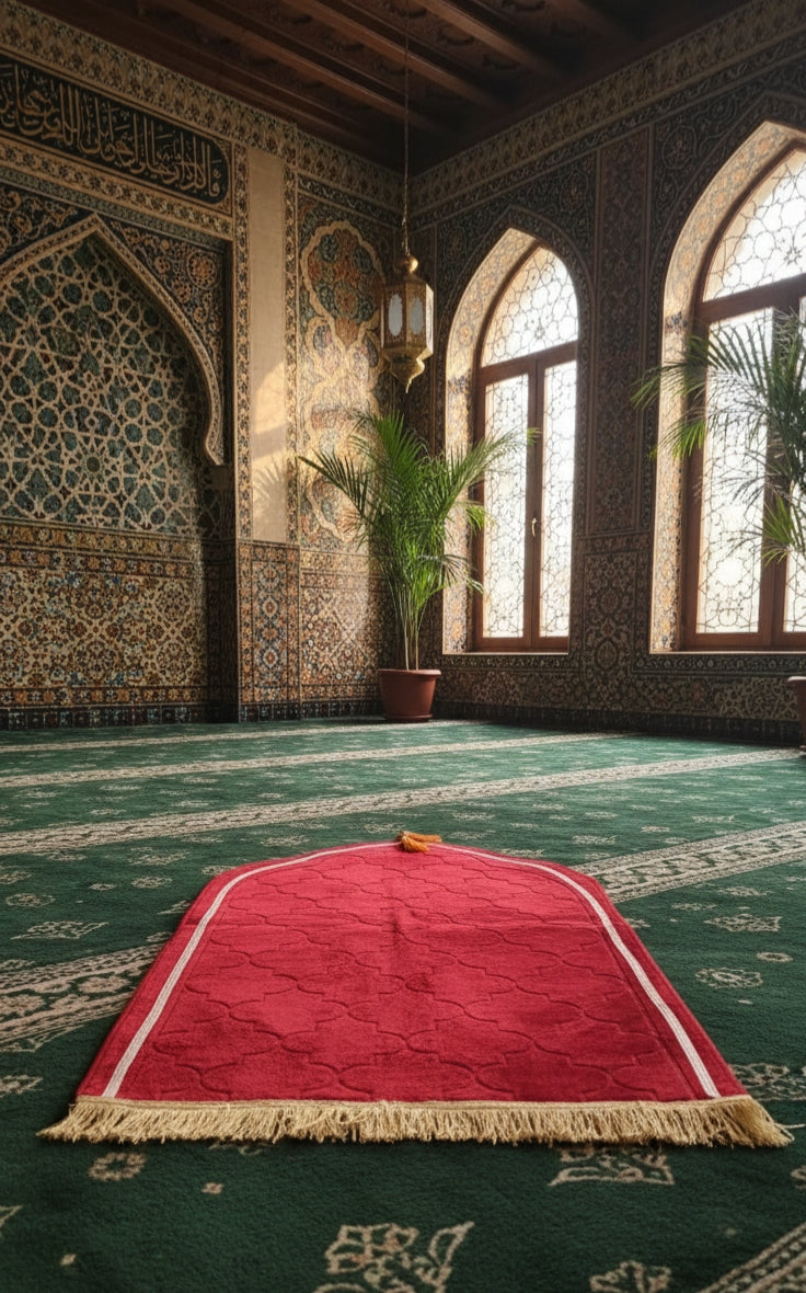 AL WAHIDI Islamic Framed Prayer Mat – Red Velvet Arch Design