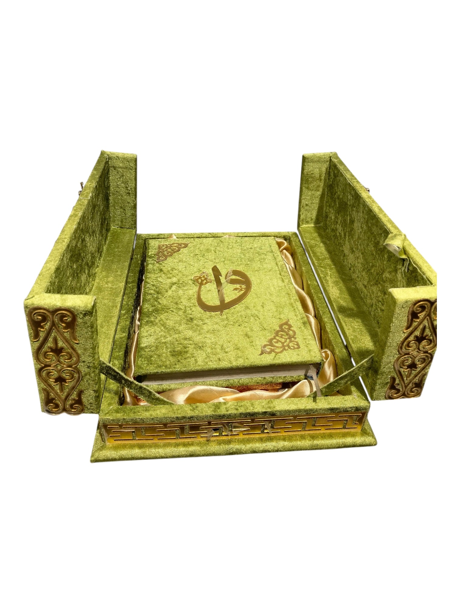 ALWAHIDI Luxurious QURAN BOX WITH HOLY QURAN and Extra RAHEL - COLOR: Green Velvet with Gold Embossing