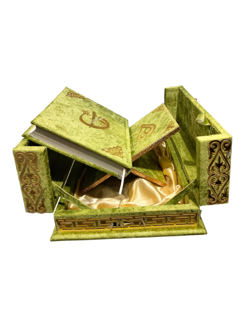 ALWAHIDI Luxurious QURAN BOX WITH HOLY QURAN and Extra RAHEL - COLOR: Green Velvet with Gold Embossing